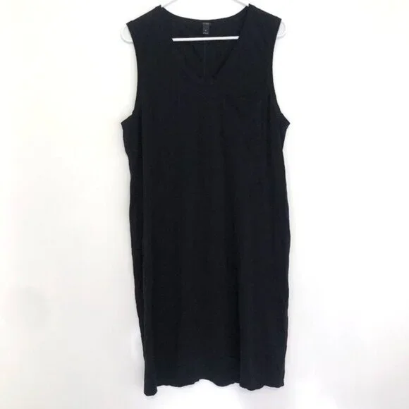 J. CREW Sleeveless Pocket Dress Solid Black V-Neck 100% Cotton Midi Tank Dress - Picture 2 of 12